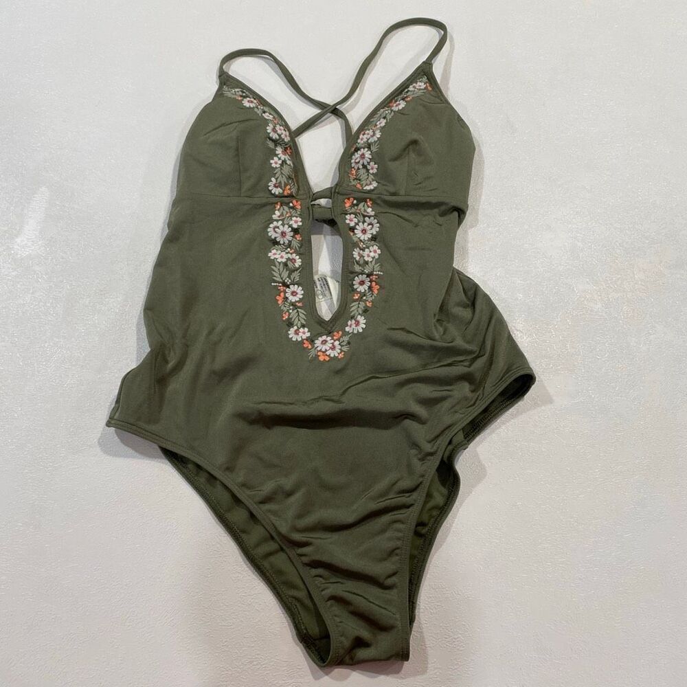 Abercrombie & Fitch Olive Green Floral Embroidered One Piece Swimsuit M